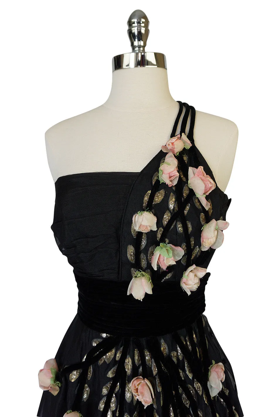 1940s Hand Painted & 3D Floral Detail Black Silk Organza Dress