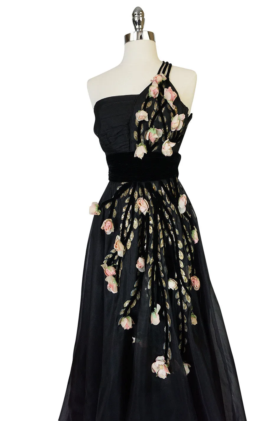 1940s Hand Painted & 3D Floral Detail Black Silk Organza Dress