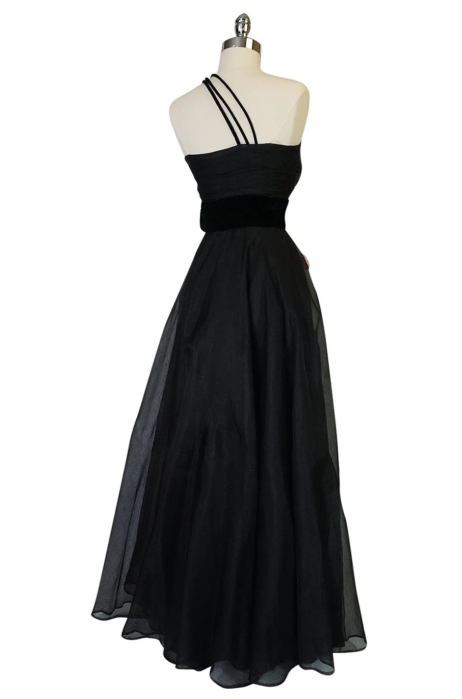 1940s Hand Painted & 3D Floral Detail Black Silk Organza Dress