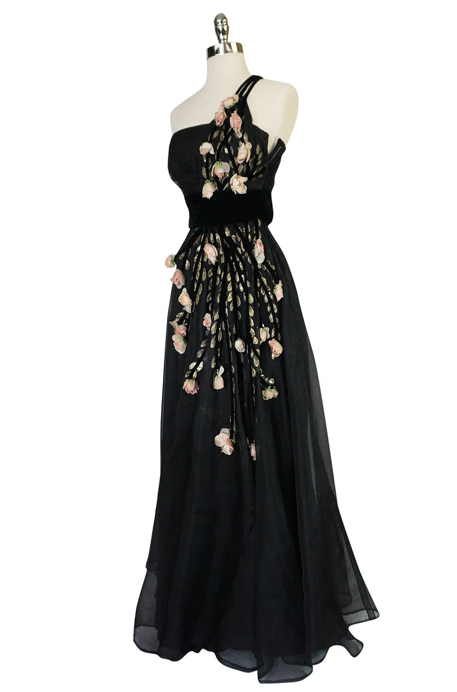 1940s Hand Painted & 3D Floral Detail Black Silk Organza Dress