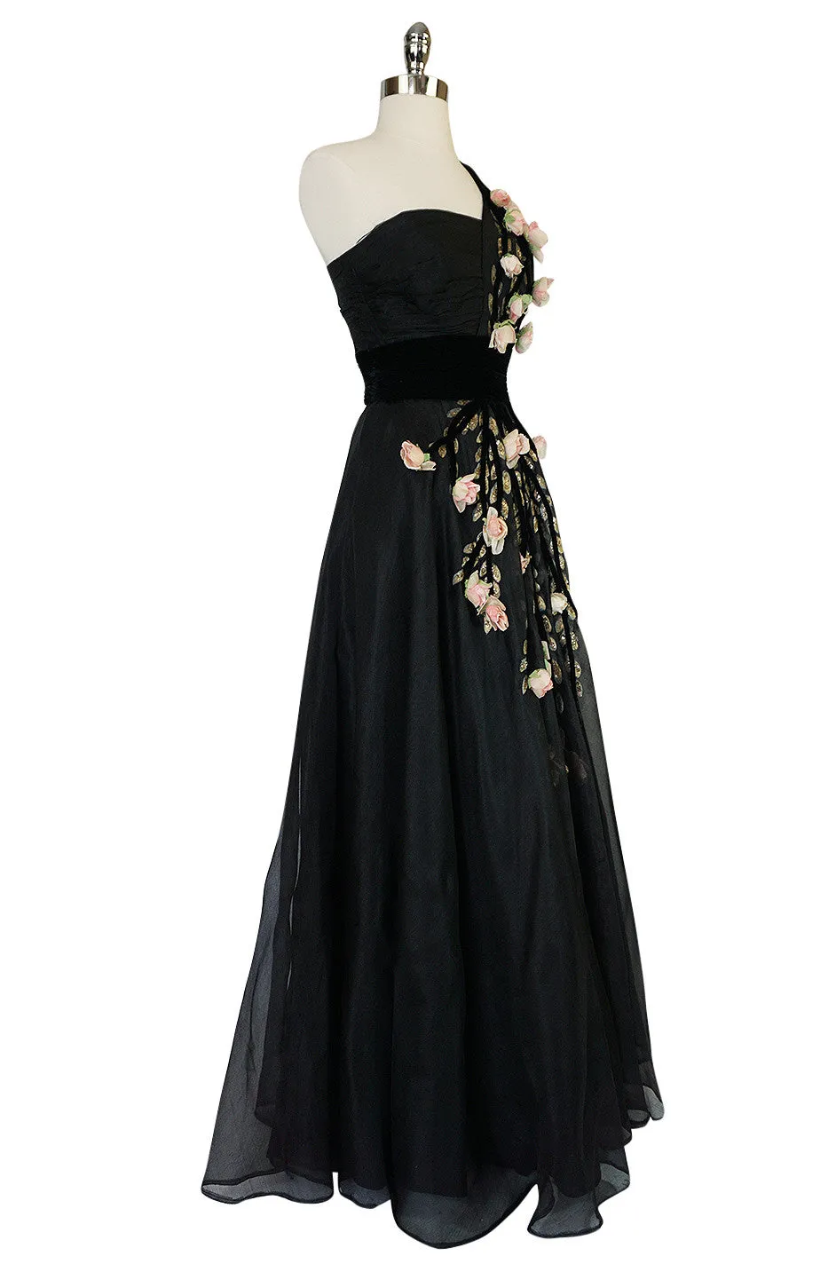 1940s Hand Painted & 3D Floral Detail Black Silk Organza Dress