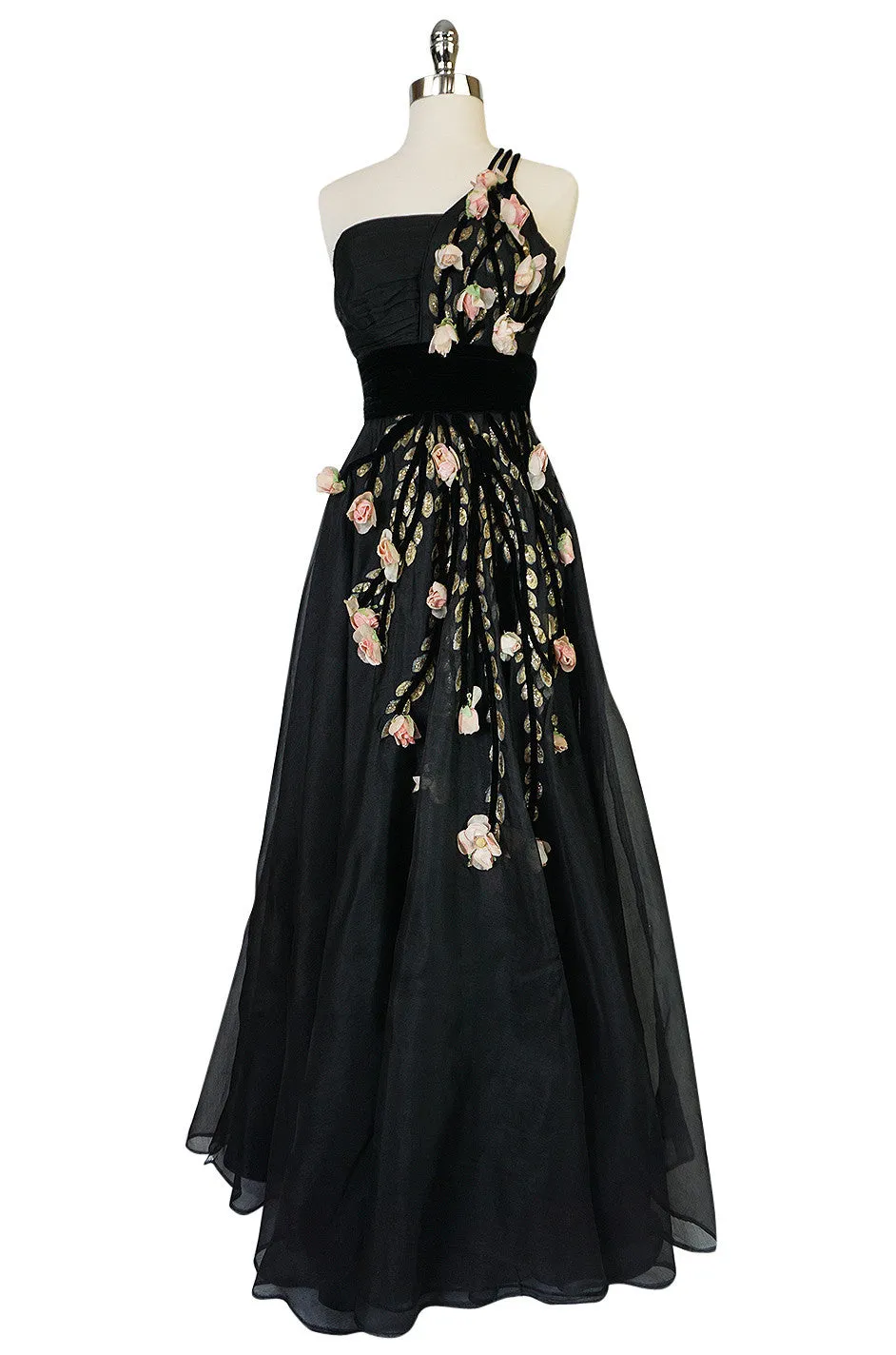 1940s Hand Painted & 3D Floral Detail Black Silk Organza Dress