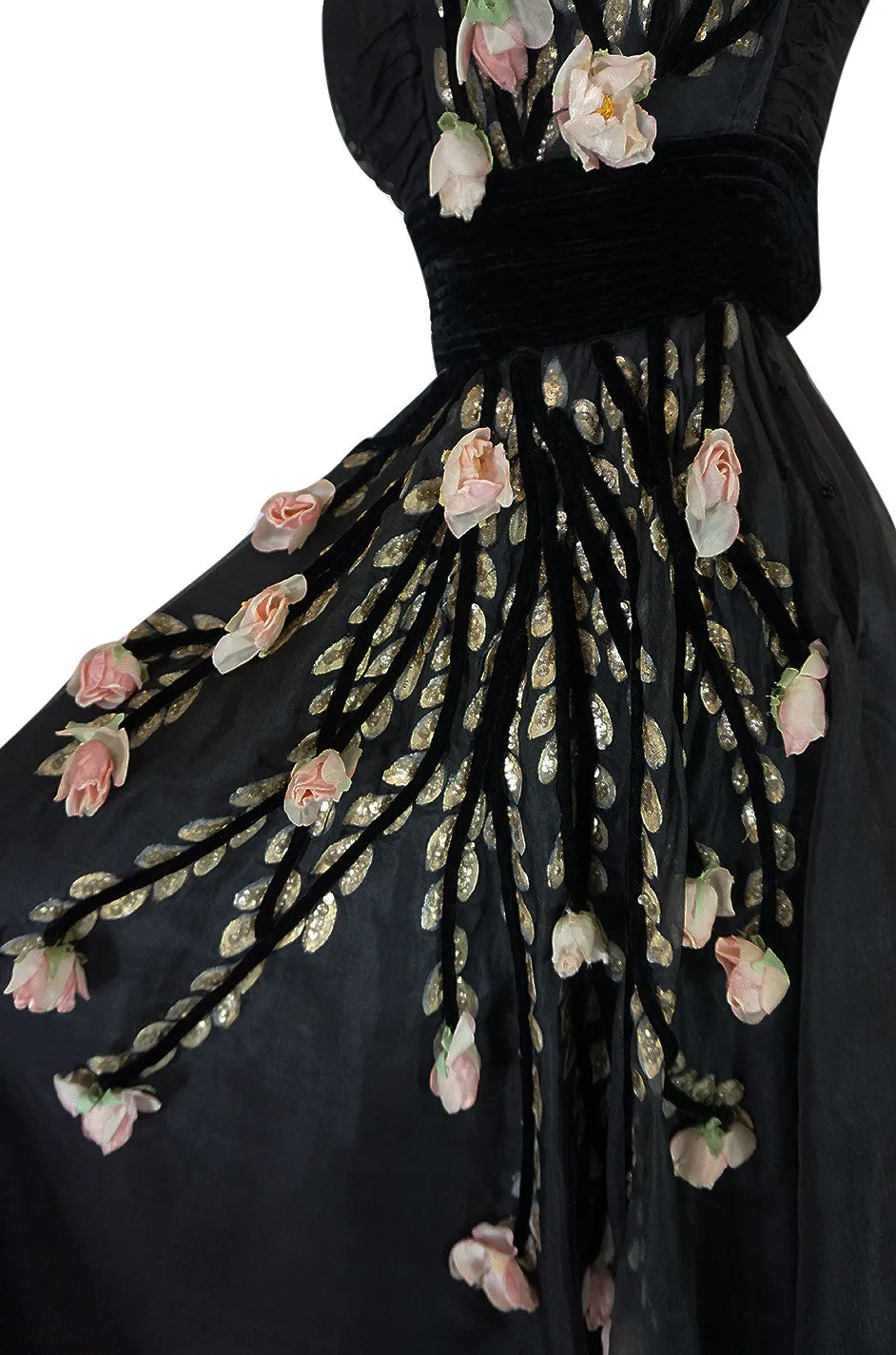 1940s Hand Painted & 3D Floral Detail Black Silk Organza Dress