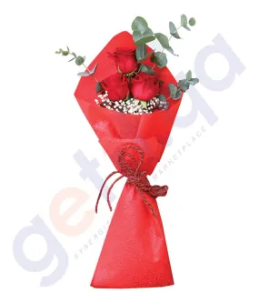 3 FREEDOM RED ROSES WITH EUCALIPTUS IN RED WRAP