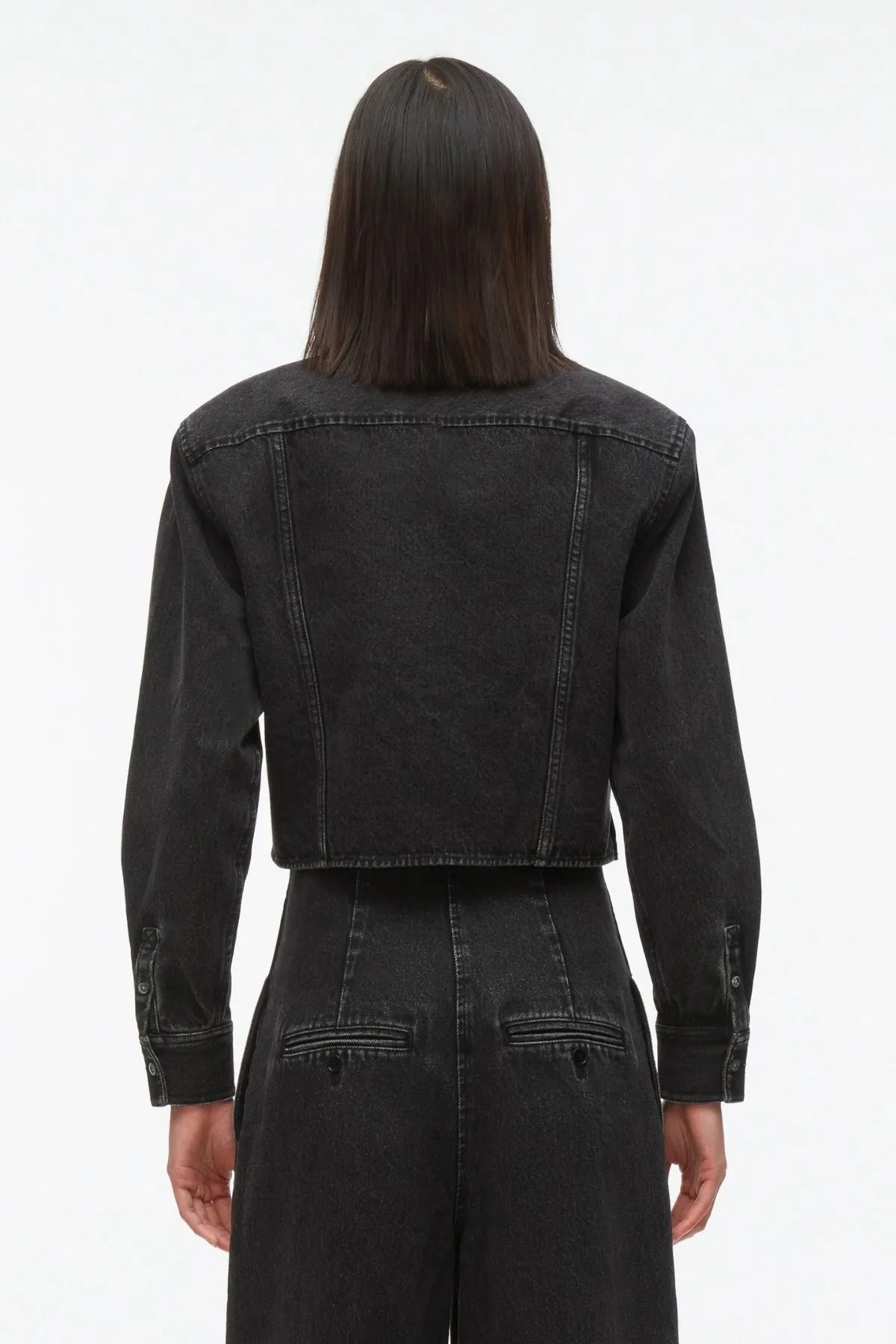 3.1 Phillip Lim Denim Cropped Shirt with Shoulder Pads - Washed Black