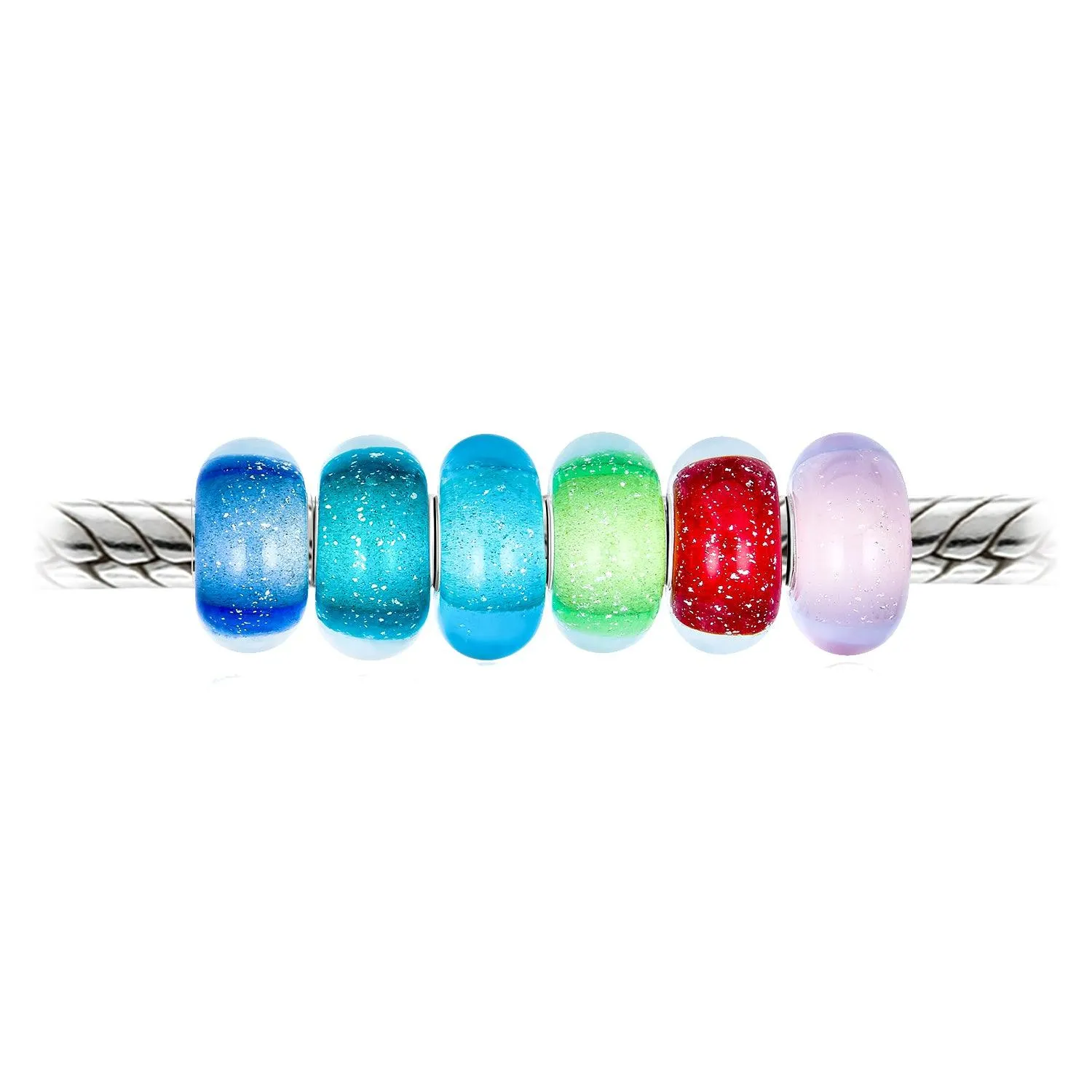 6 Opaque Translucent Multi Color Glass Faceted Charm Bead .925 Silver