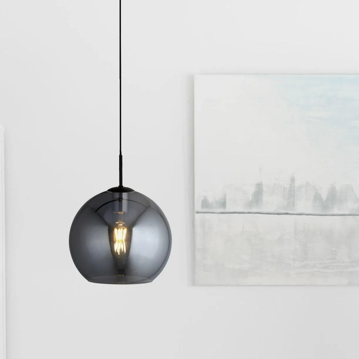 Amsterdam 1 Light Round Black Pendant - Smoked Glass Shade -Warehouse Clearance Stock