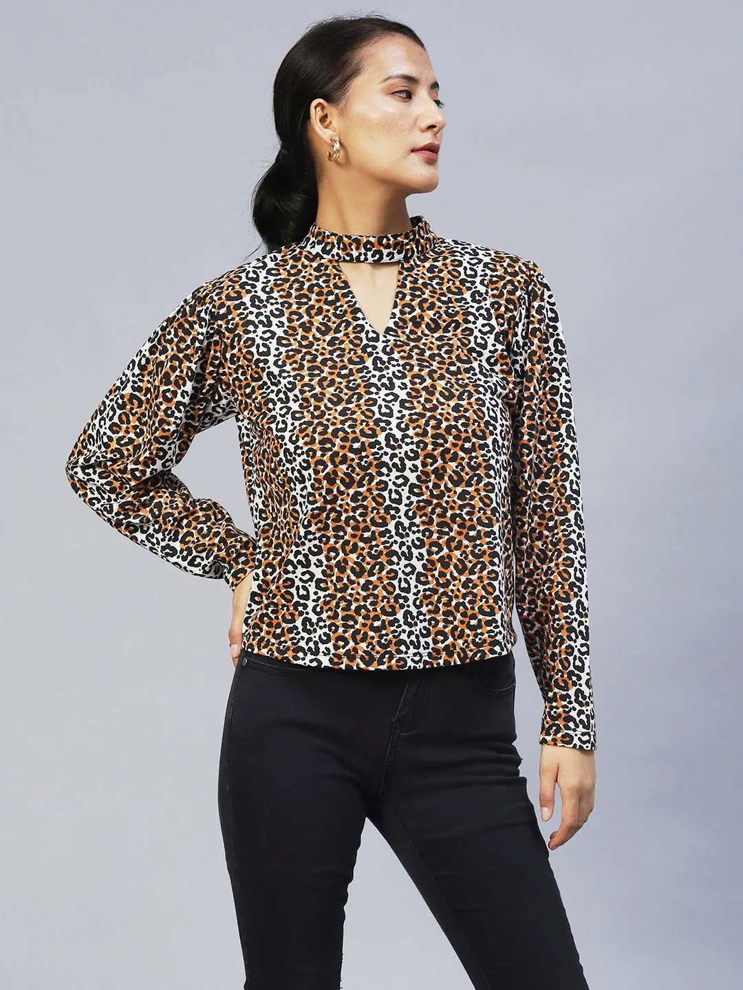 Animal Print Full Sleeve Chocker Neck Top