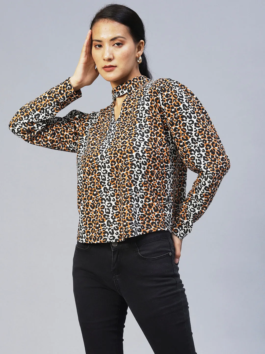 Animal Print Full Sleeve Chocker Neck Top