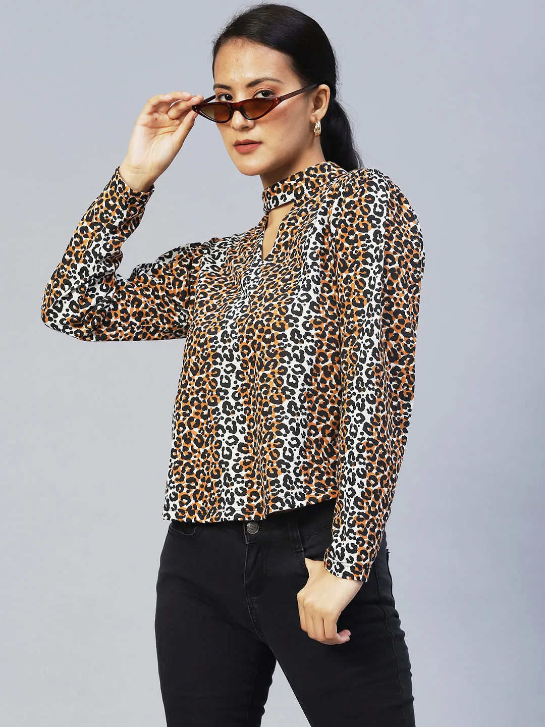 Animal Print Full Sleeve Chocker Neck Top