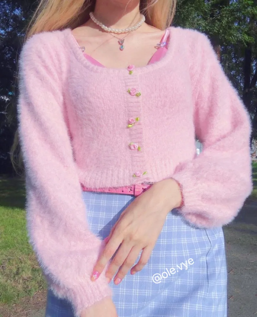 Baby Pink Rose Soft Girl Fuzzy Cropped Sweater