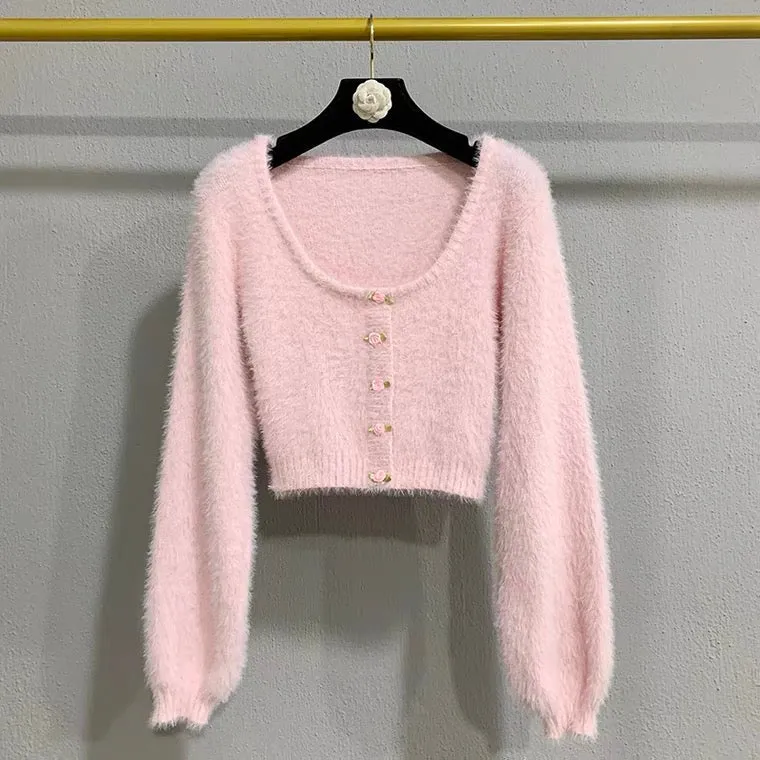 Baby Pink Rose Soft Girl Fuzzy Cropped Sweater