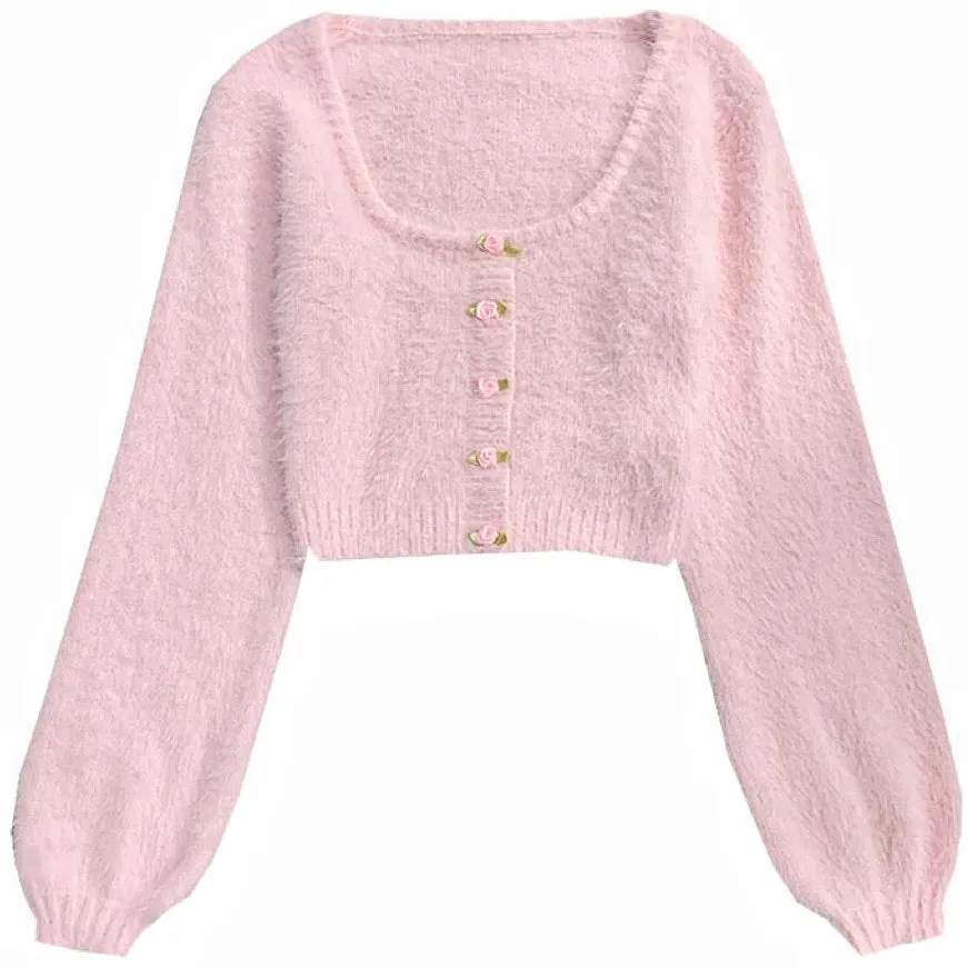 Baby Pink Rose Soft Girl Fuzzy Cropped Sweater