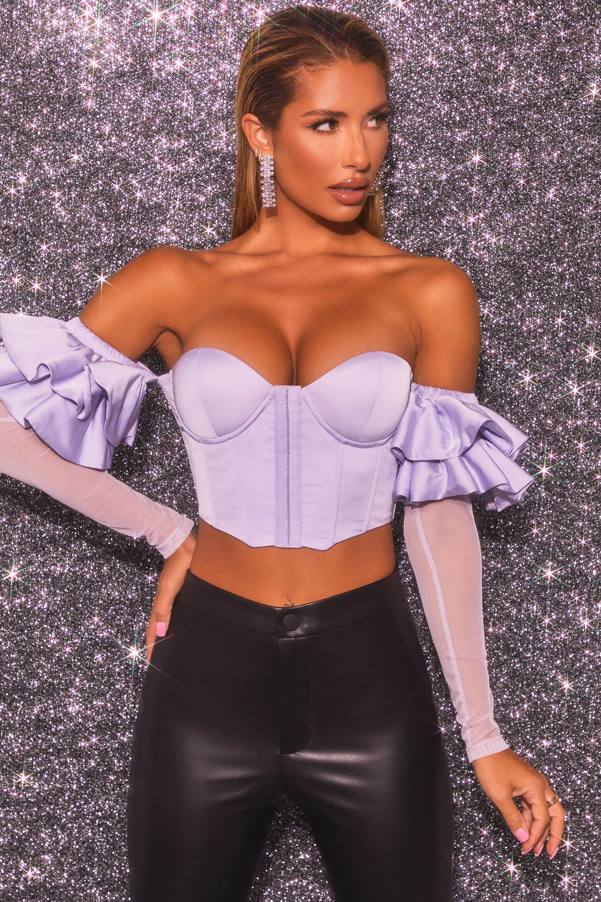 Bardot Long Ruffle Sleeve Corset Crop Top in Lilac