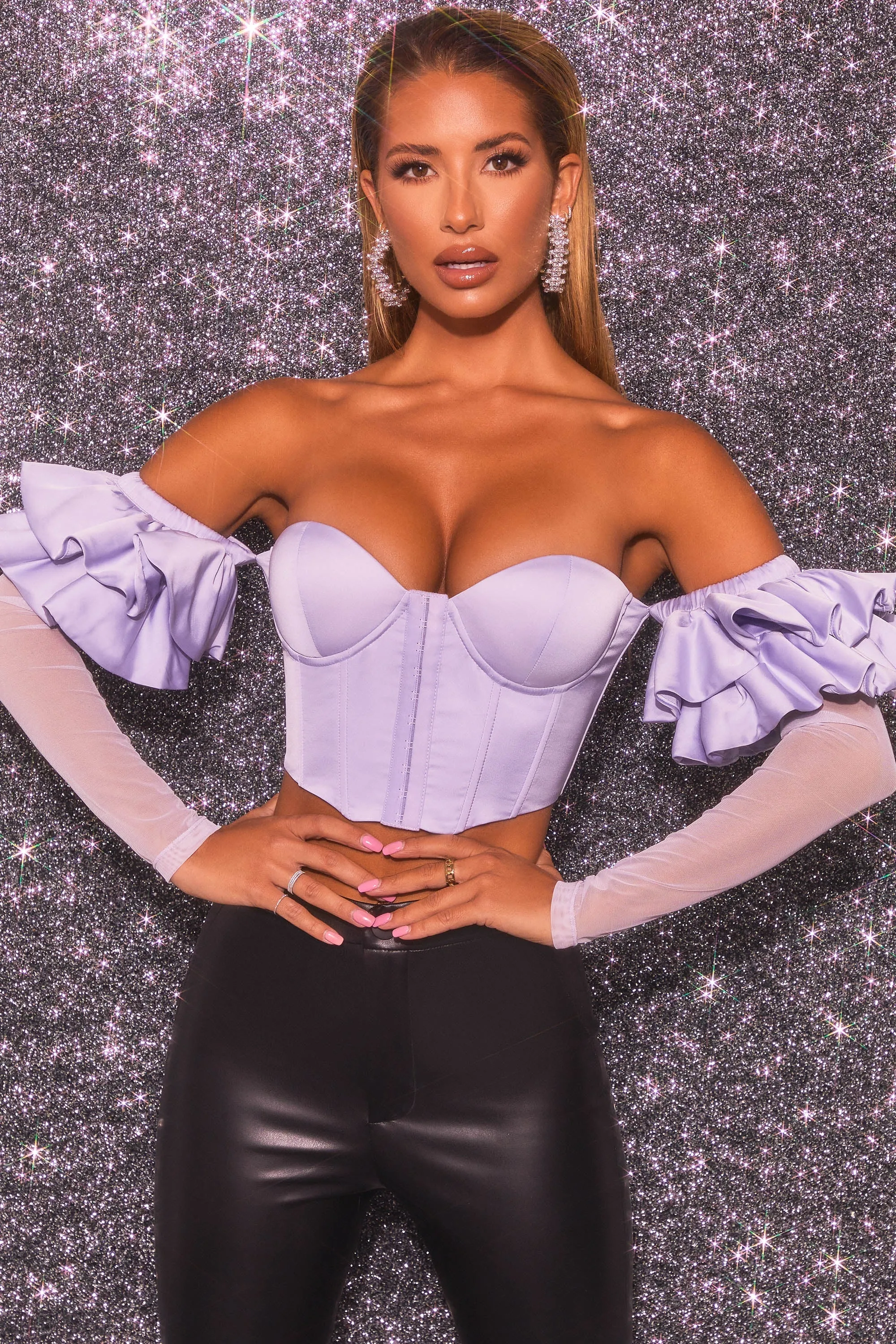 Bardot Long Ruffle Sleeve Corset Crop Top in Lilac