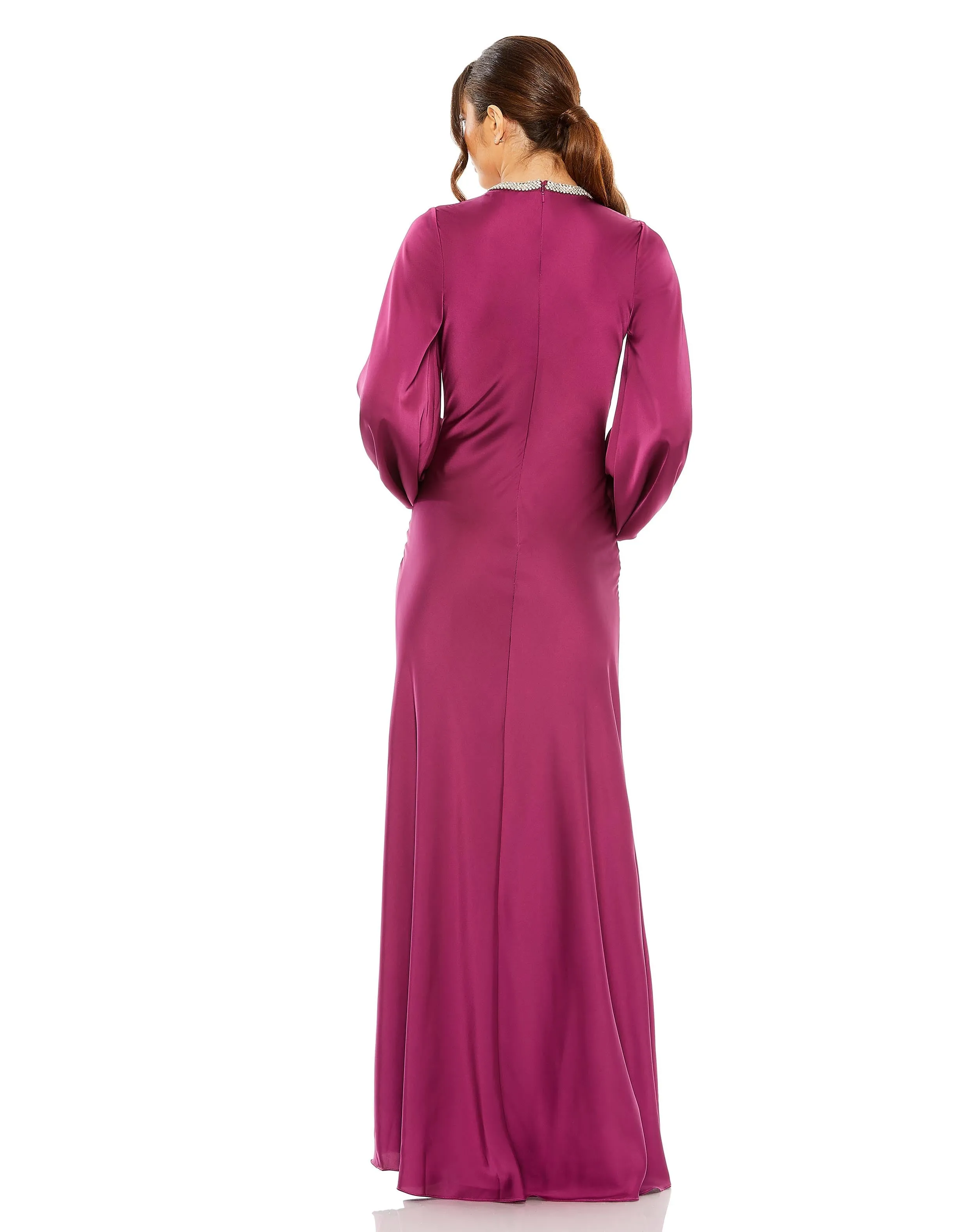 Beaded High Neck Bishop Sleeve Satin Gown