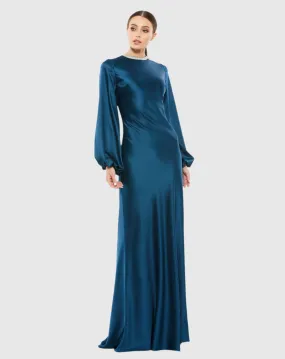 Beaded High Neck Bishop Sleeve Satin Gown