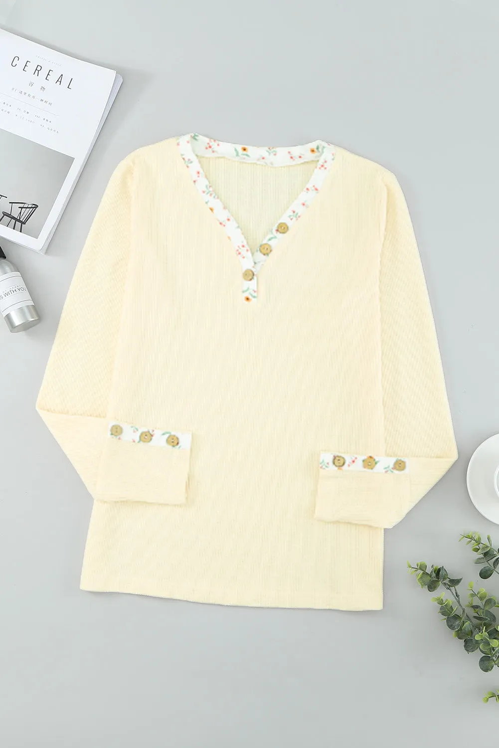 Beige Floral Waffle Knit Long Sleeve Top