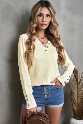 Beige Floral Waffle Knit Long Sleeve Top