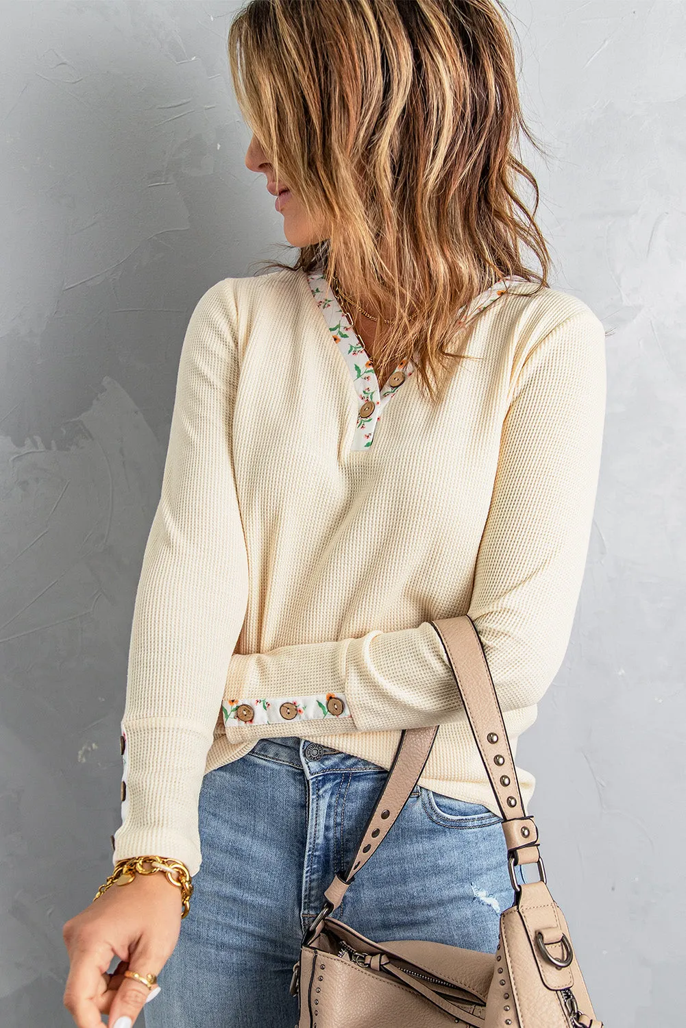 Beige Floral Waffle Knit Long Sleeve Top