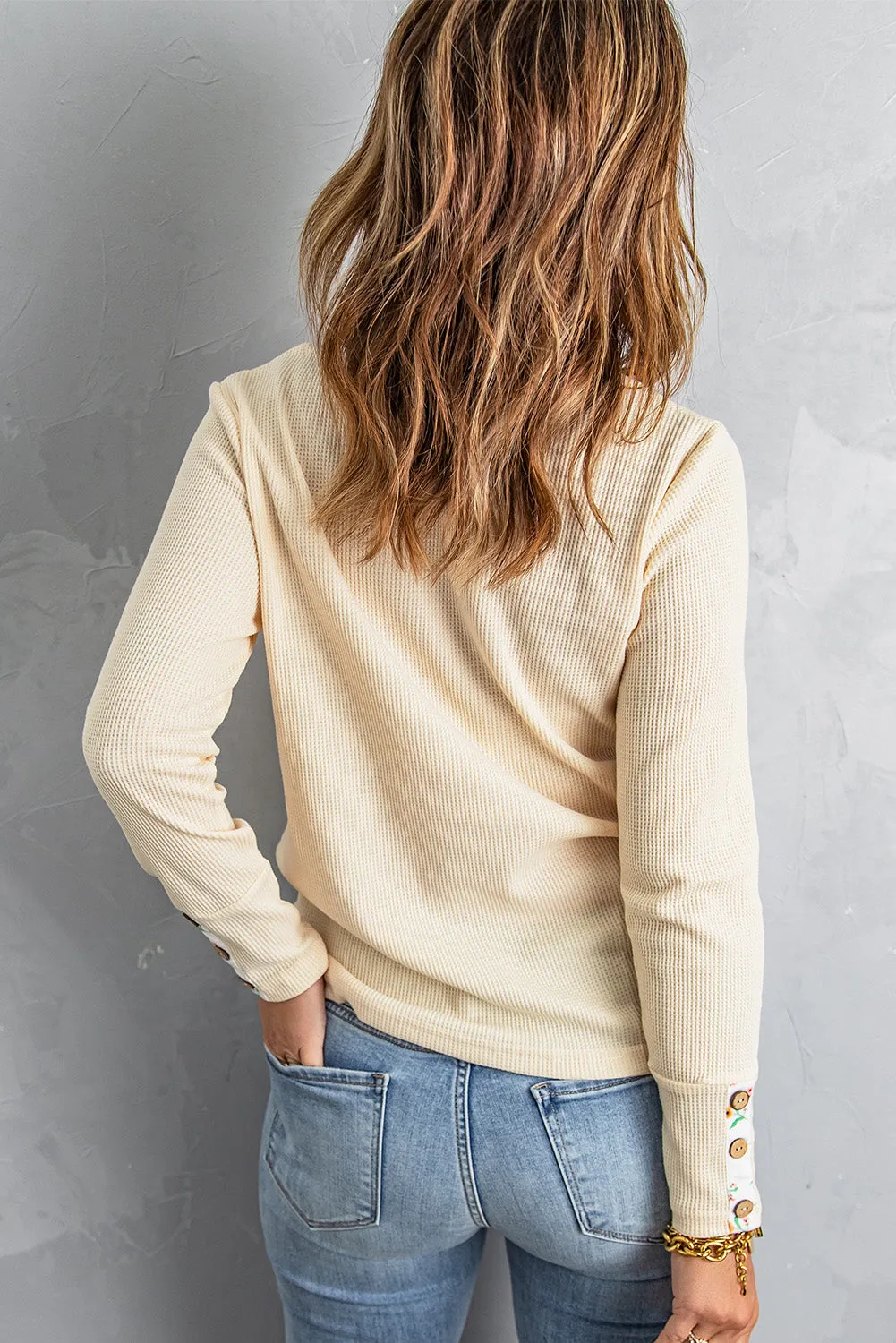 Beige Floral Waffle Knit Long Sleeve Top