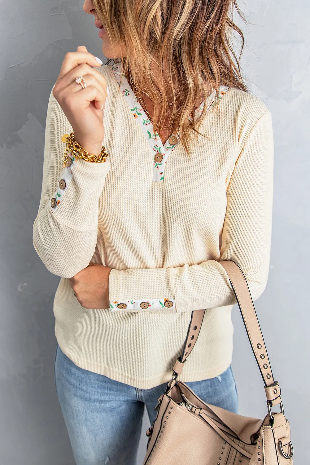 Beige Floral Waffle Knit Long Sleeve Top