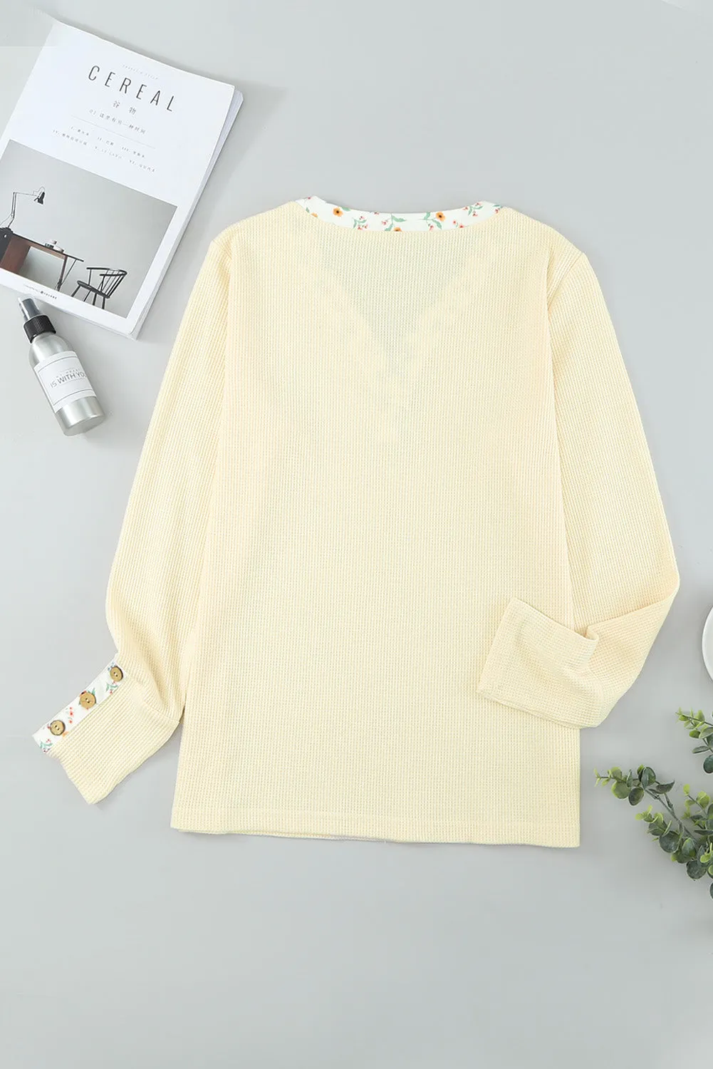 Beige Floral Waffle Knit Long Sleeve Top