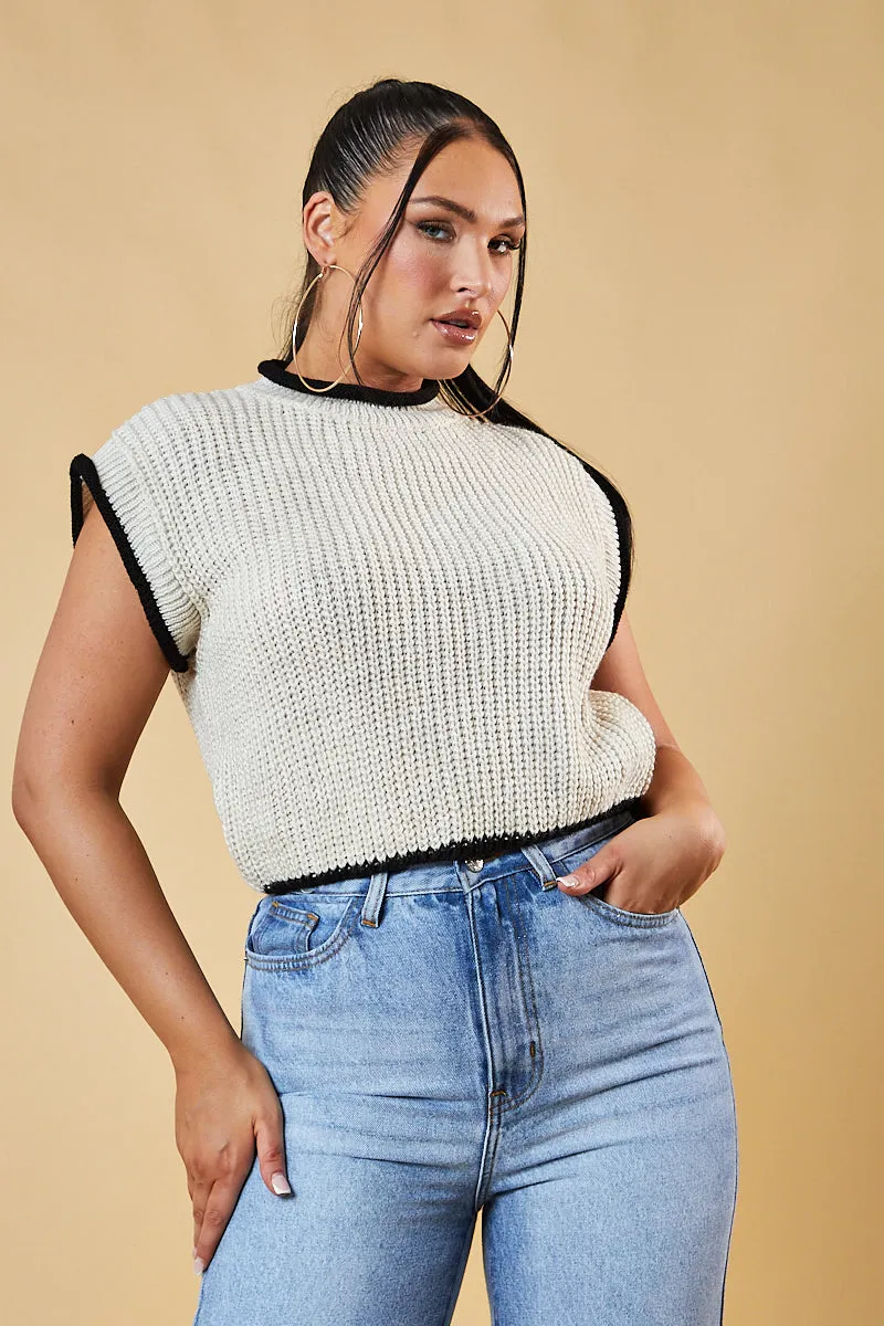 Beige Knitted Contrast Edge Cropped Top - Bethany