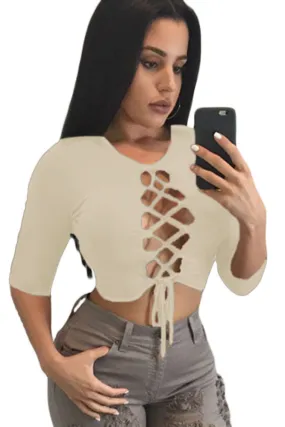 Beige Lace Up Crop Top