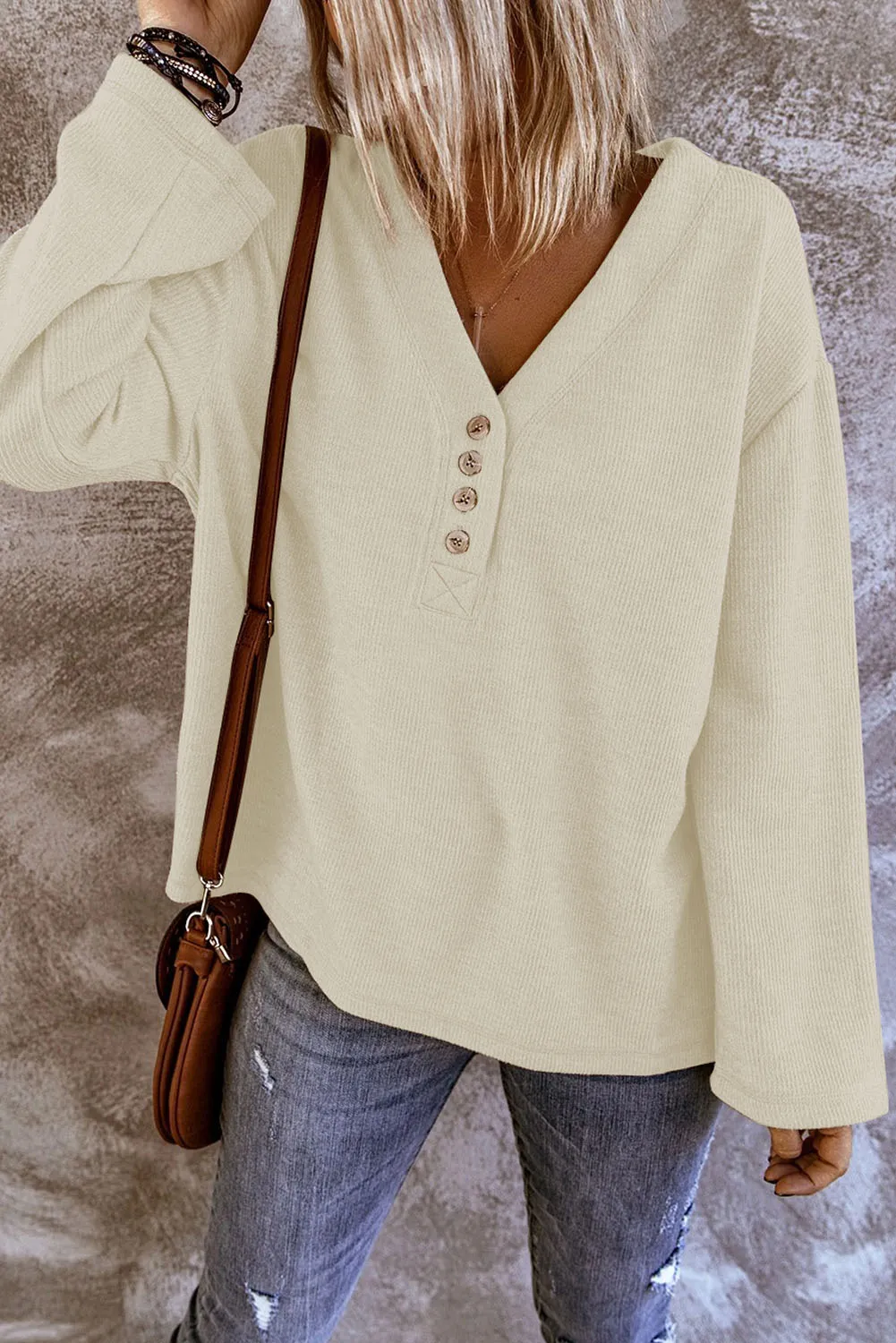 Beige V Neck Buttons Long Sleeve Top