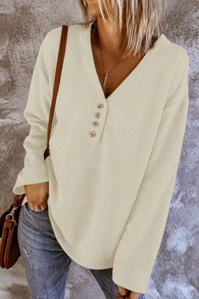 Beige V Neck Buttons Long Sleeve Top