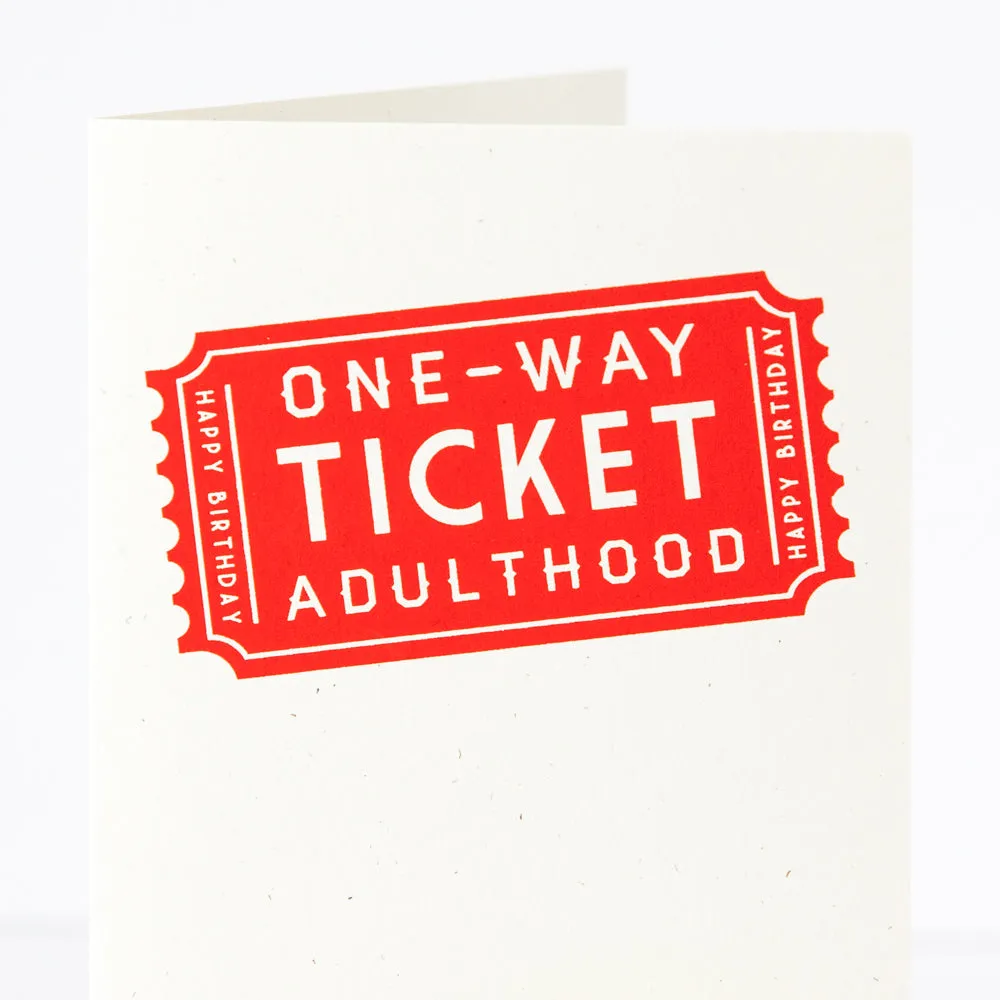 birthday card, one-way ticket to adulthood funny birthday card