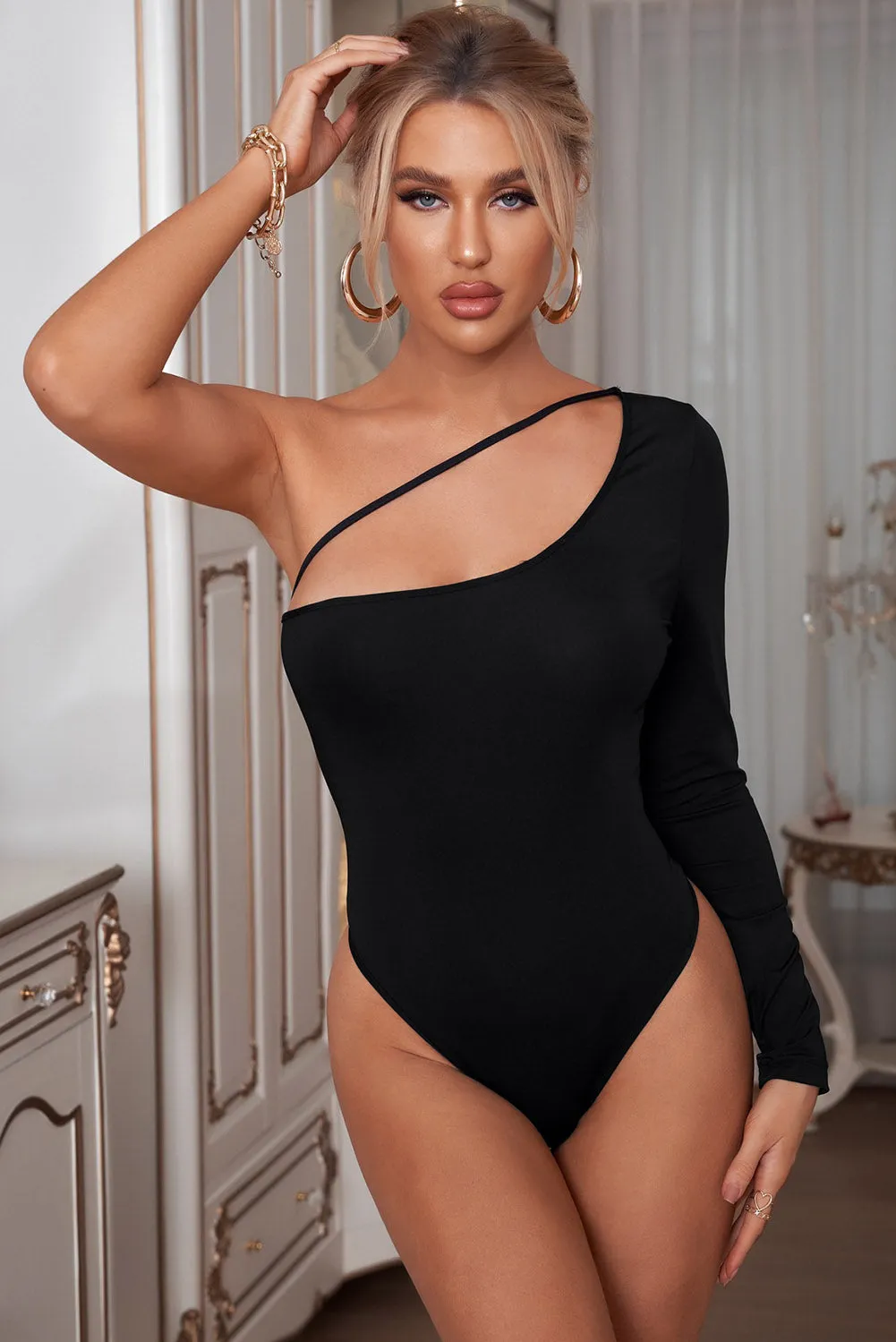 Black Cut Out One Shoulder Bodysuit Top