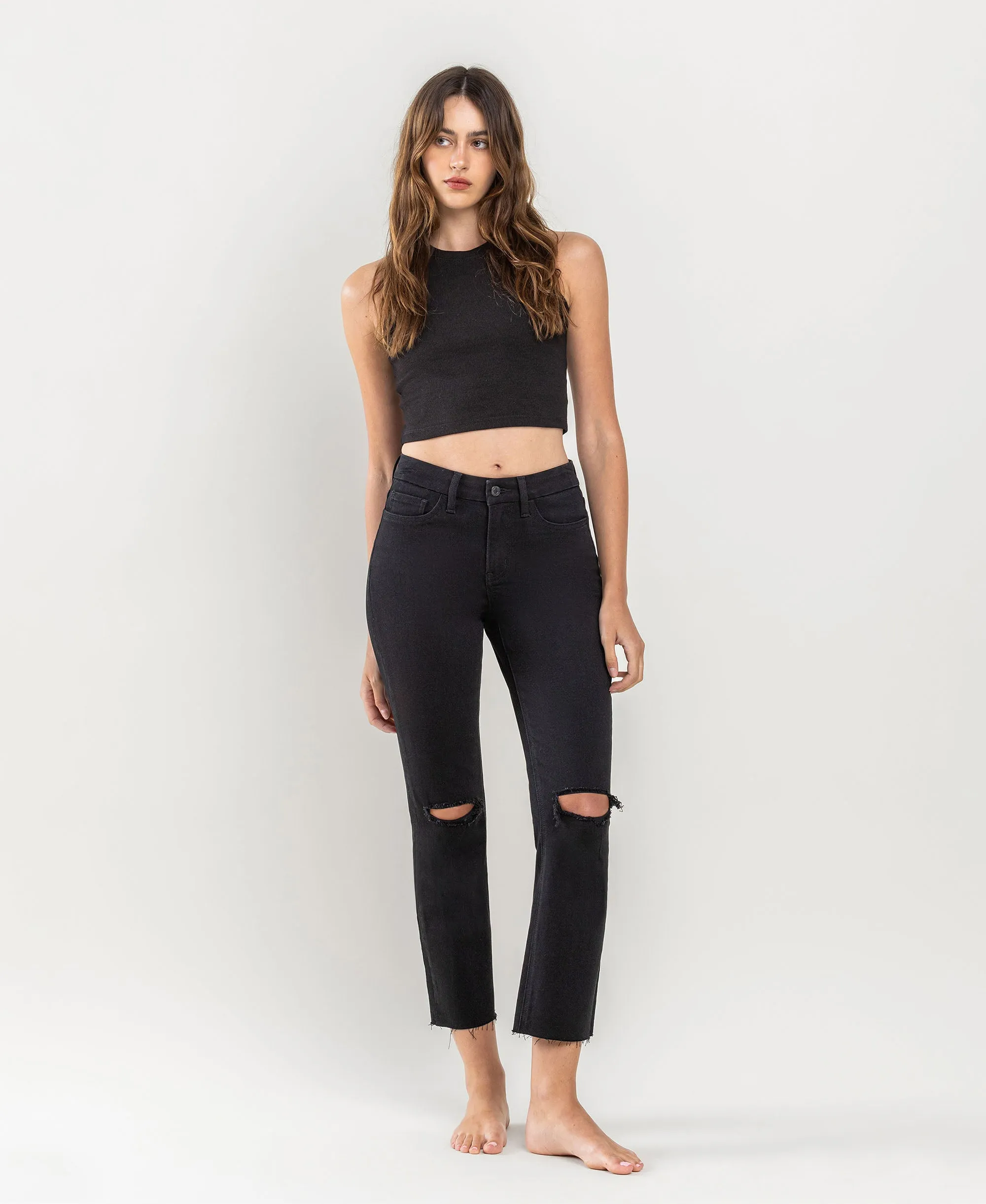 Black - High Rise Raw Hem Straight Jeans