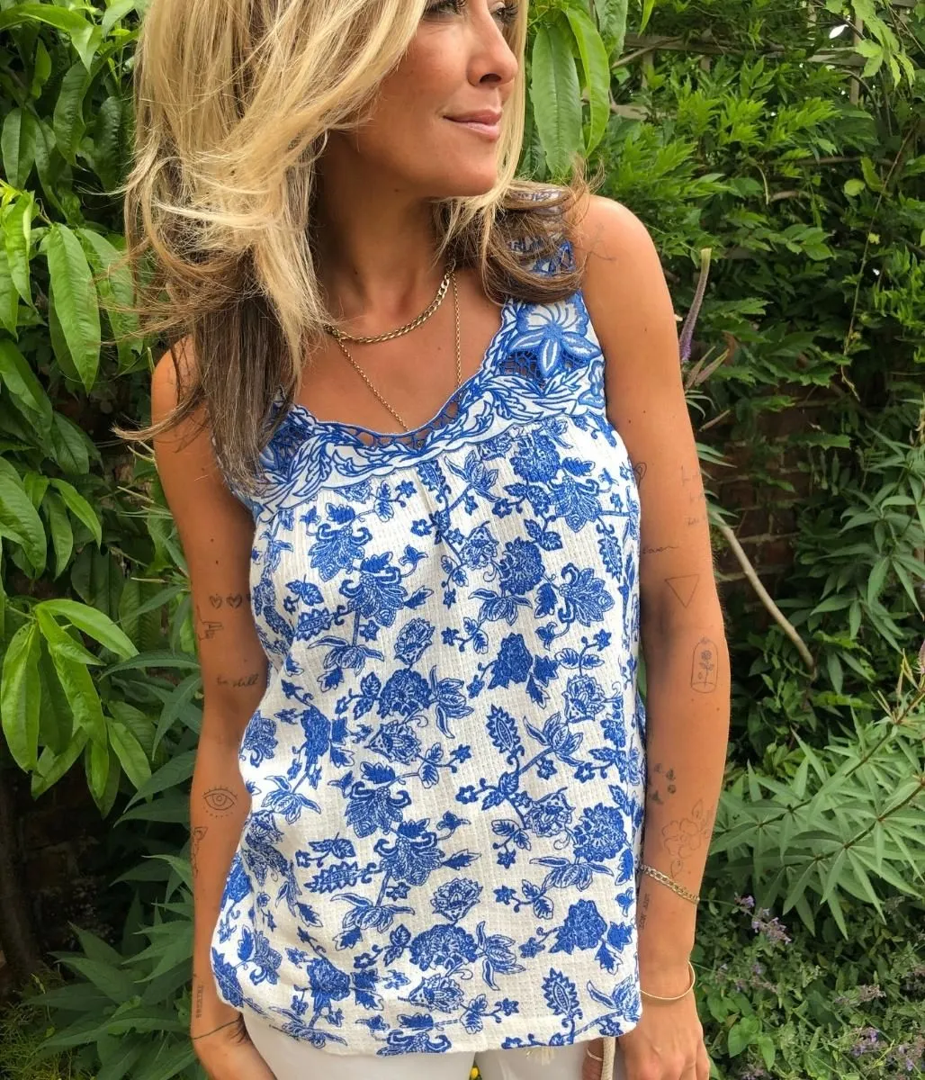 Blue Floral Print Embroidered Sleeveless Top