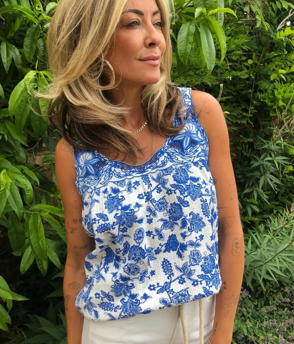 Blue Floral Print Embroidered Sleeveless Top