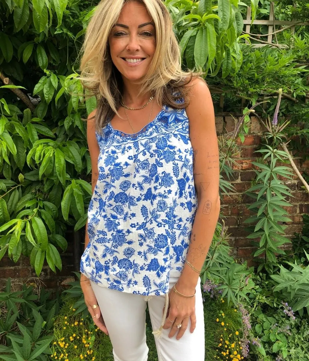 Blue Floral Print Embroidered Sleeveless Top