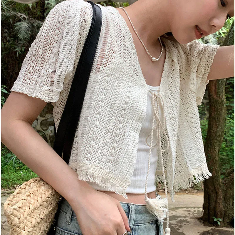 Bohemian Summer White Crochet Knit Cropped Fringe Cardigan