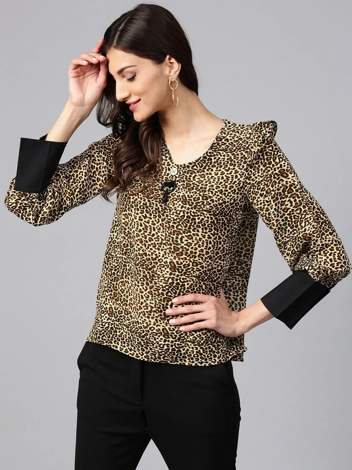 Brown Animal Print Top With Neck Brotch