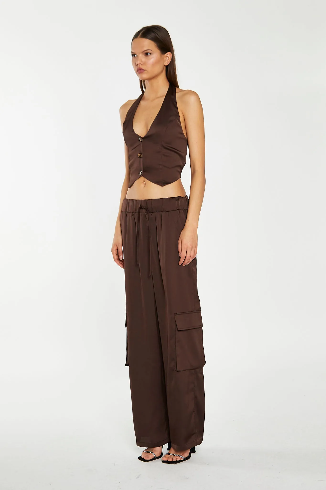 Brown-Satin Cargo Trousers