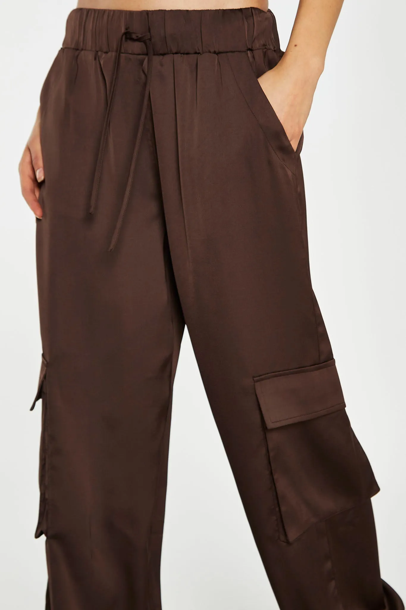 Brown-Satin Cargo Trousers