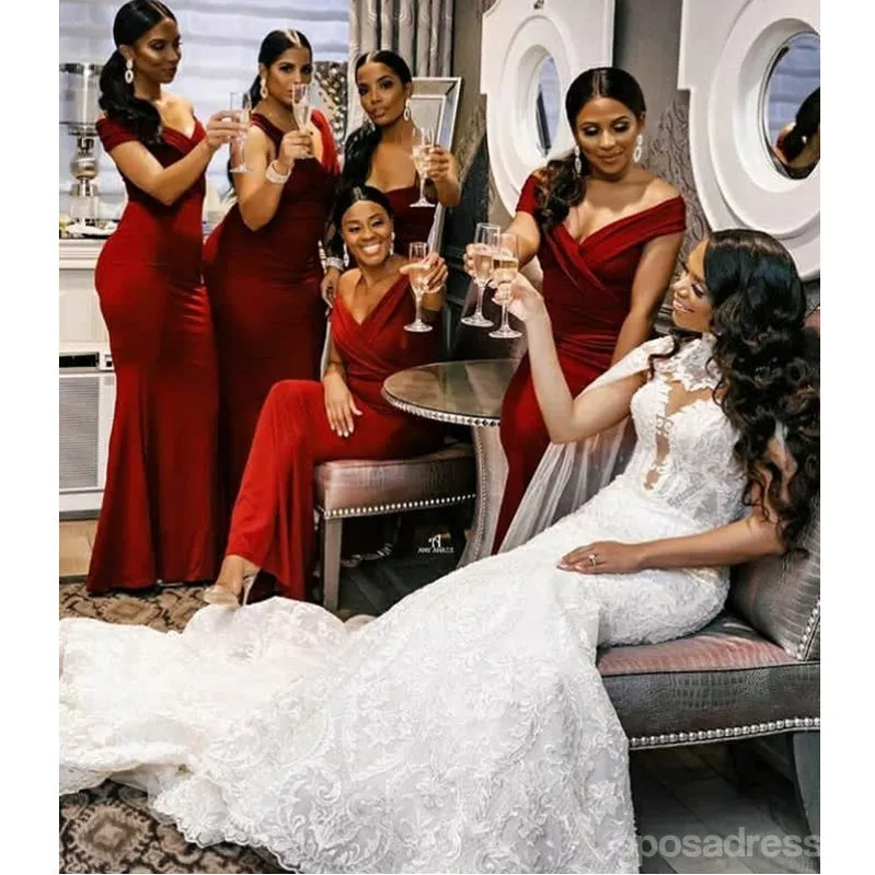 Burgundy Mermaid Off Shoulder Cheap Long Bridesmaid Dresses Online,WG1356