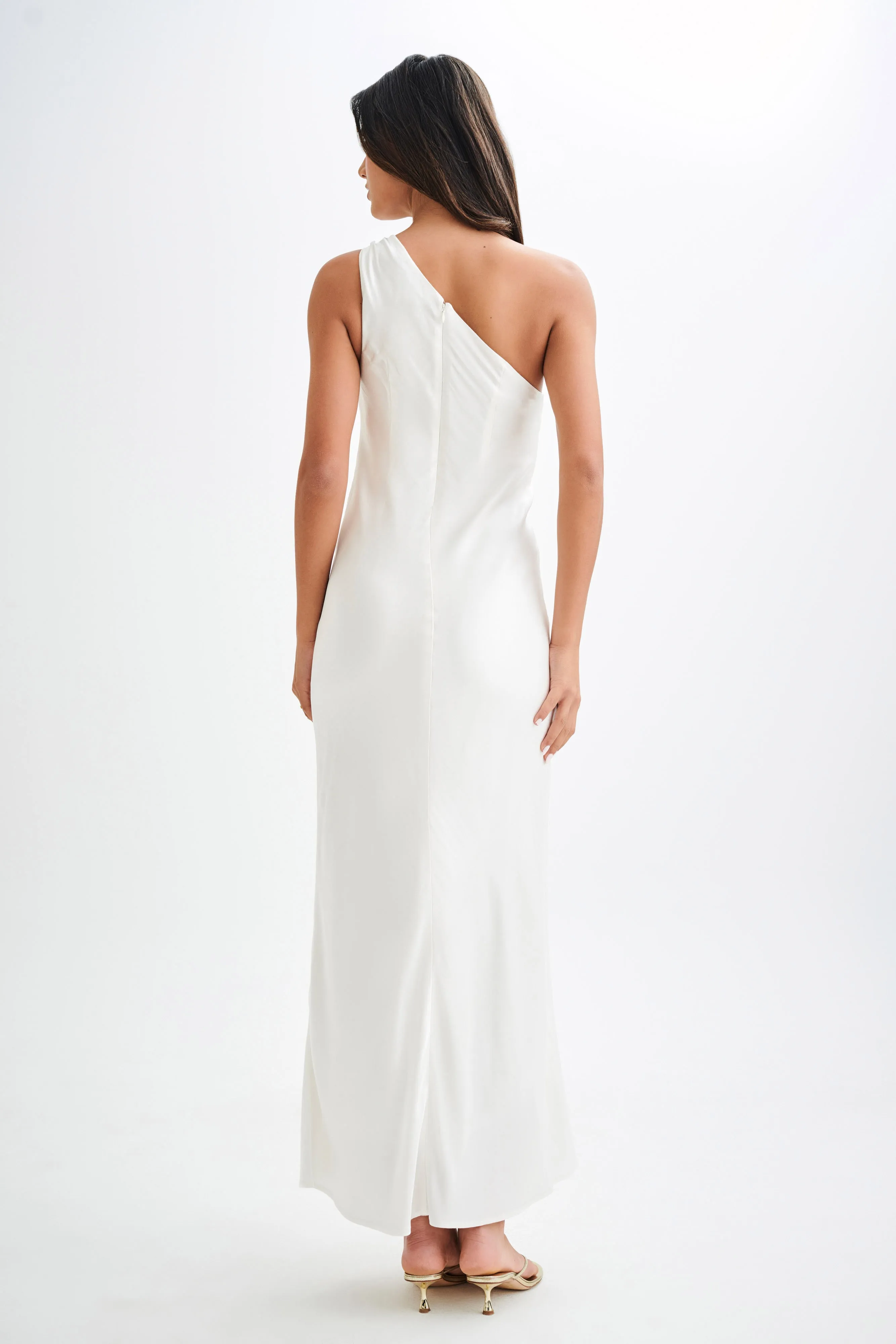 Camille One Shoulder Satin Maxi Dress - White