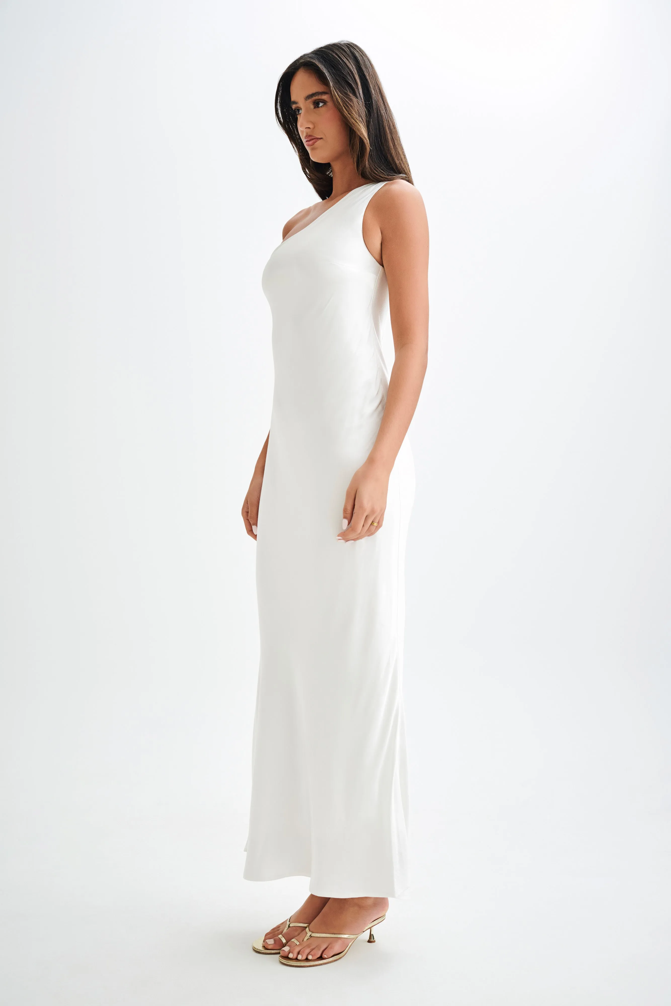 Camille One Shoulder Satin Maxi Dress - White