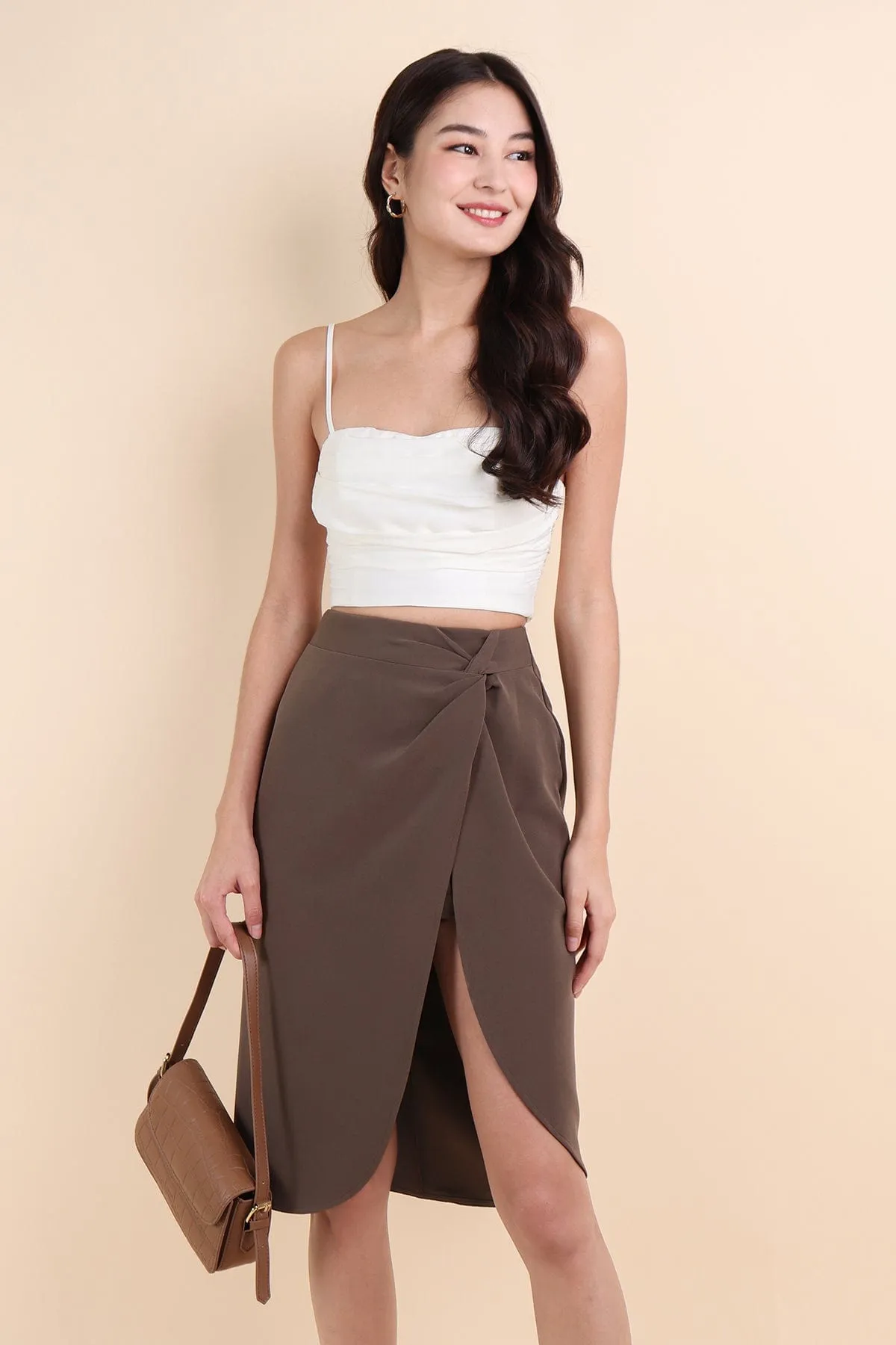 CAPRI RUCHED SATIN CROP TOP IN WHITE