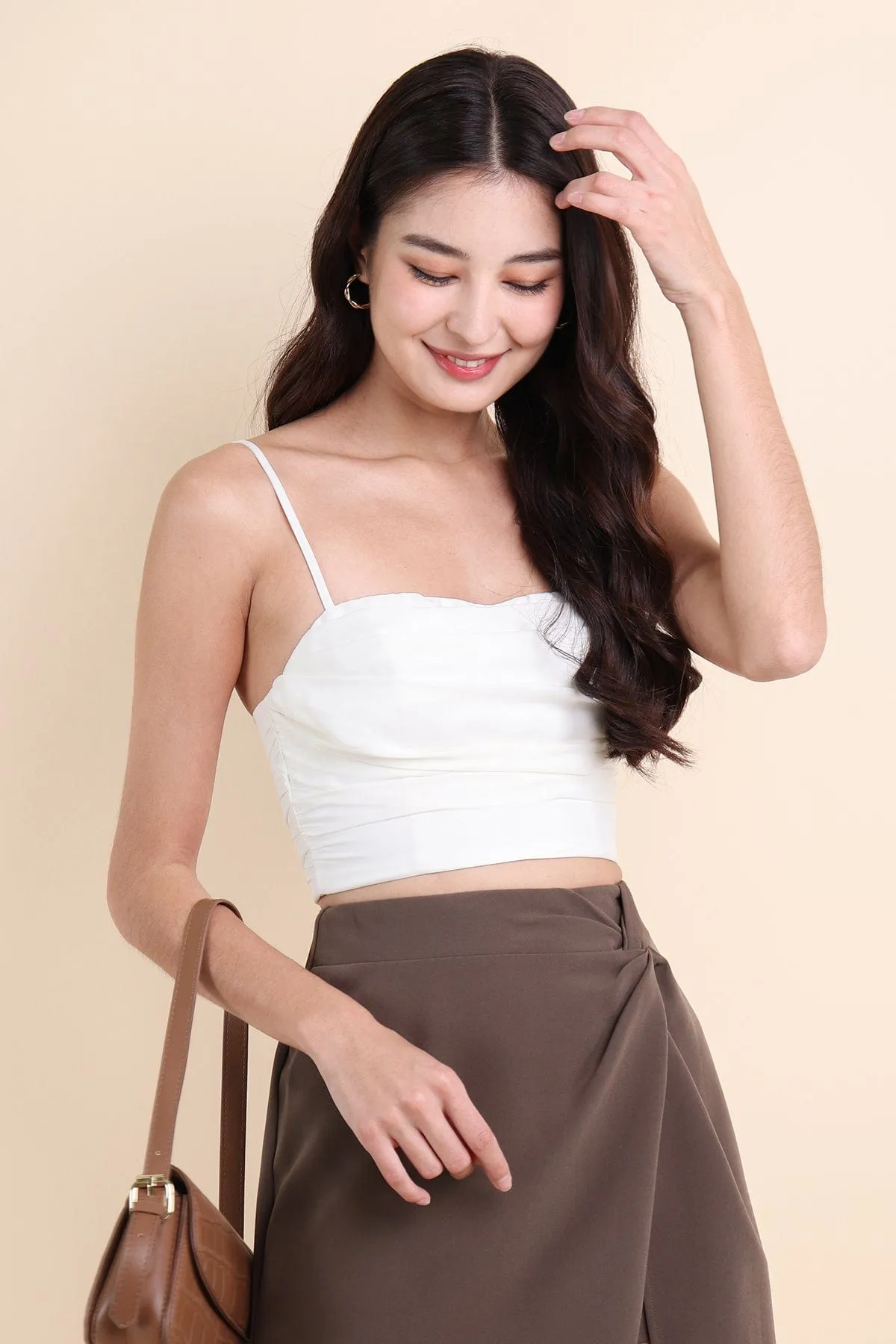 CAPRI RUCHED SATIN CROP TOP IN WHITE