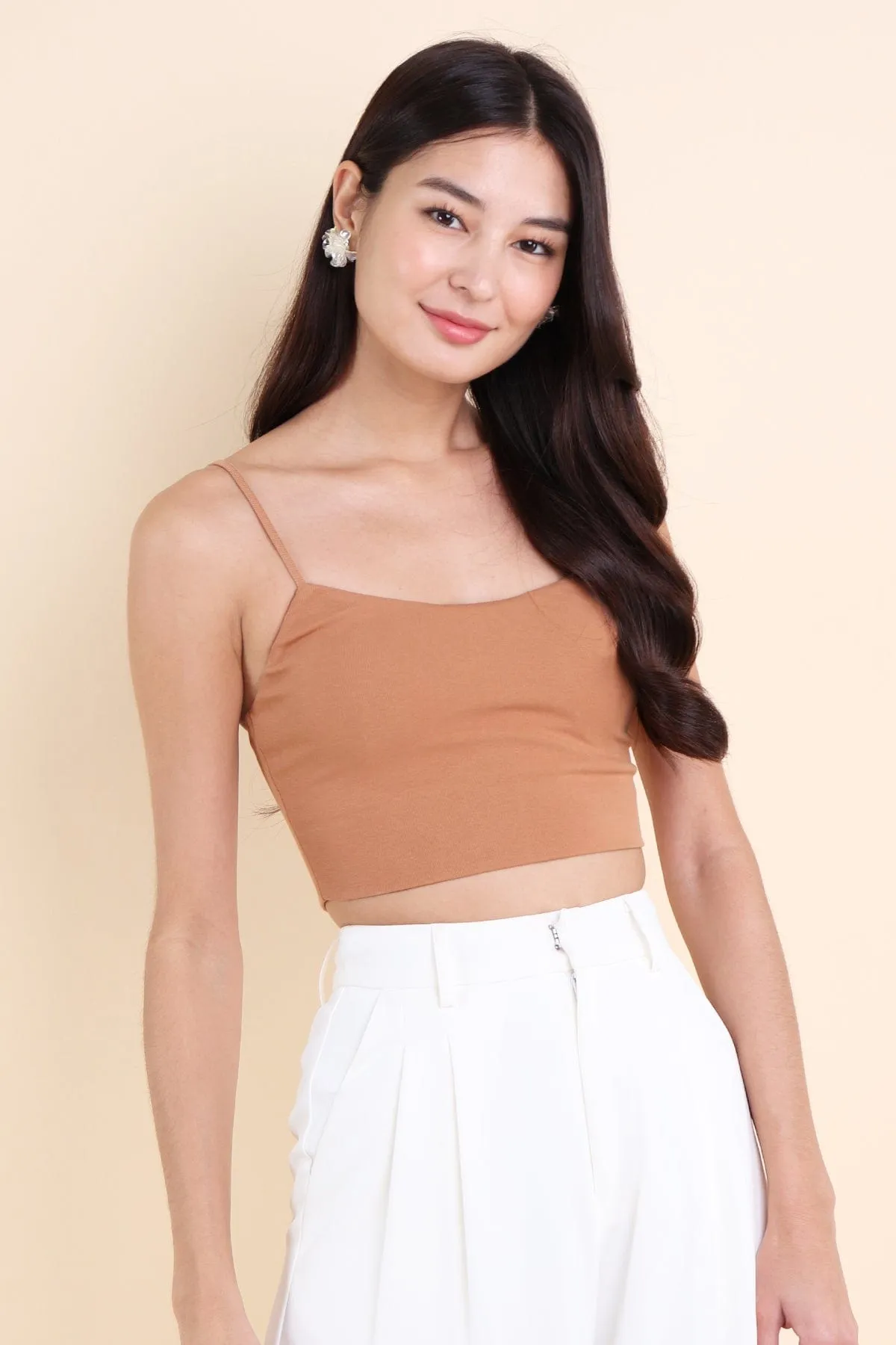 CELESTE BASIC CROP PADDED TOP IN PALE CARAMEL