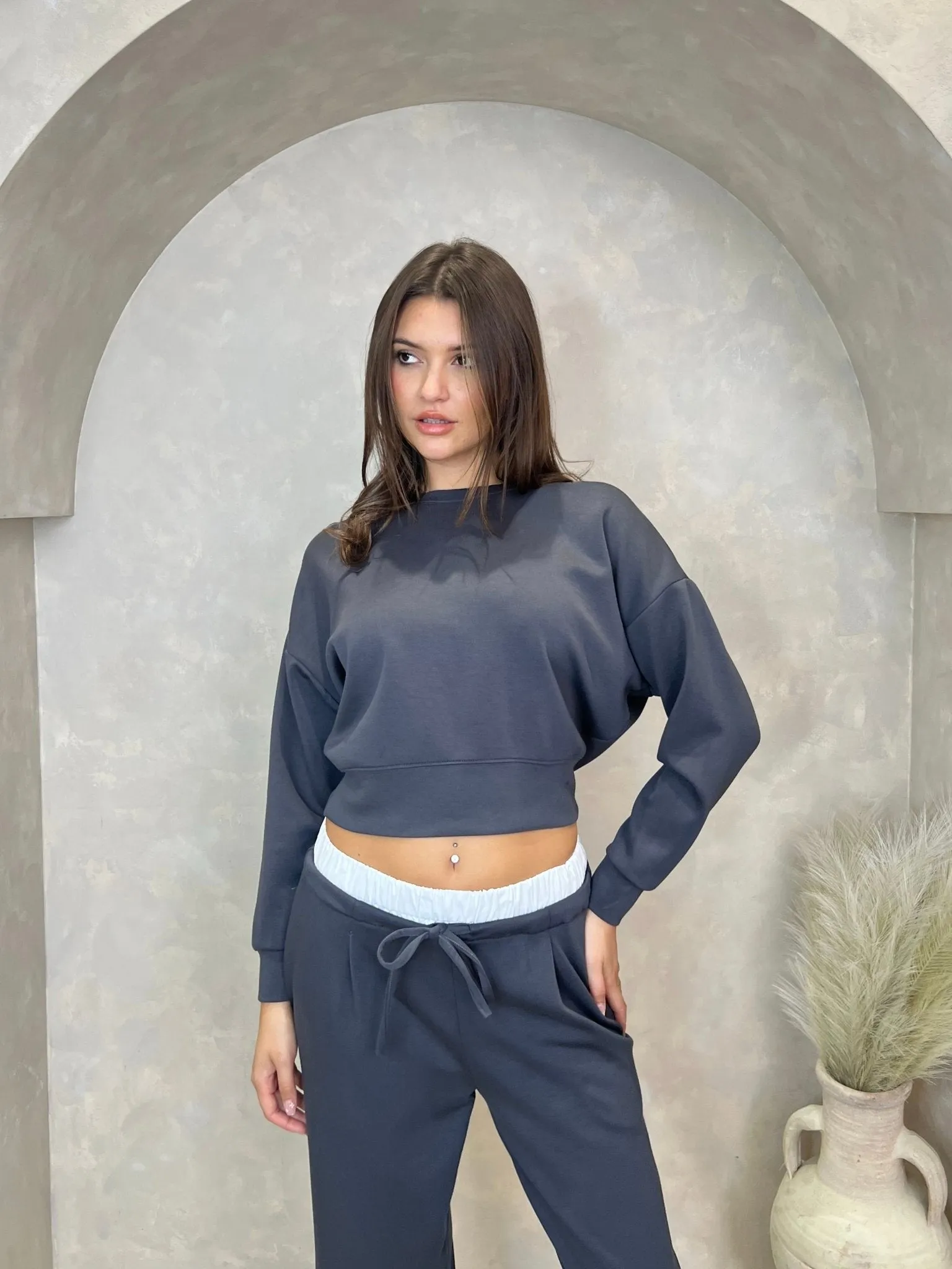 Charcoal Round Neck Cropped Sweatshirt