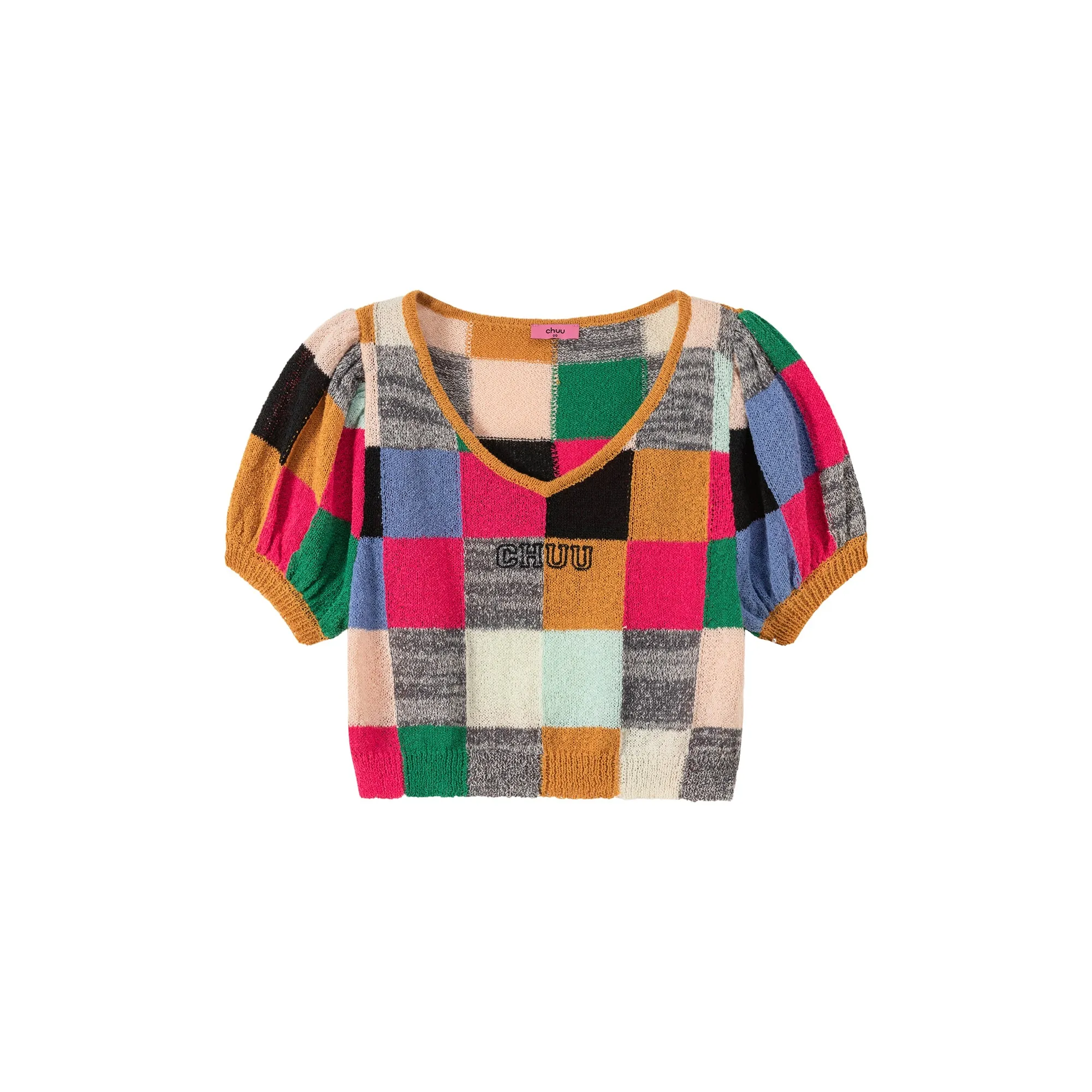 Color Check Pattern Cropped Knit Top