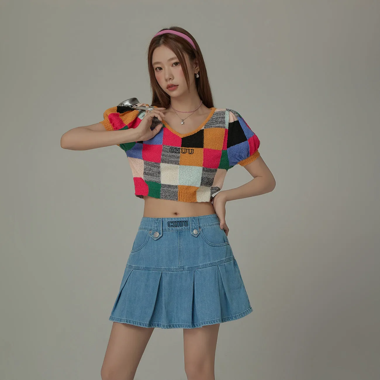 Color Check Pattern Cropped Knit Top